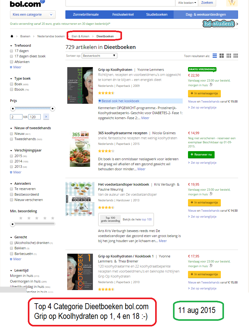 Grip op Koolhydraten op nummer 1 en 4 bij dieetboeken bol.com op 11 aug 2015