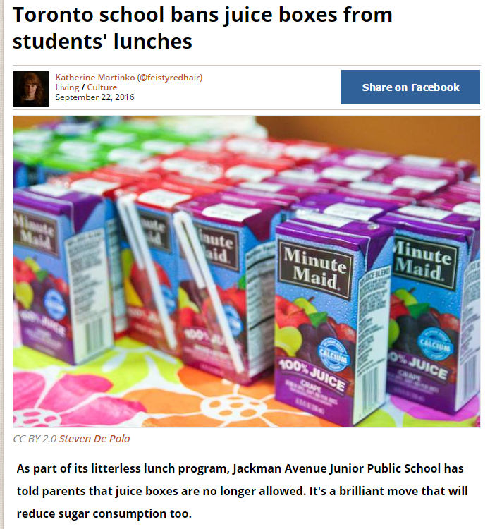 Een school in Toronto verbiedt pakjes sap en vruchtensap om afval tegen te gaan. 